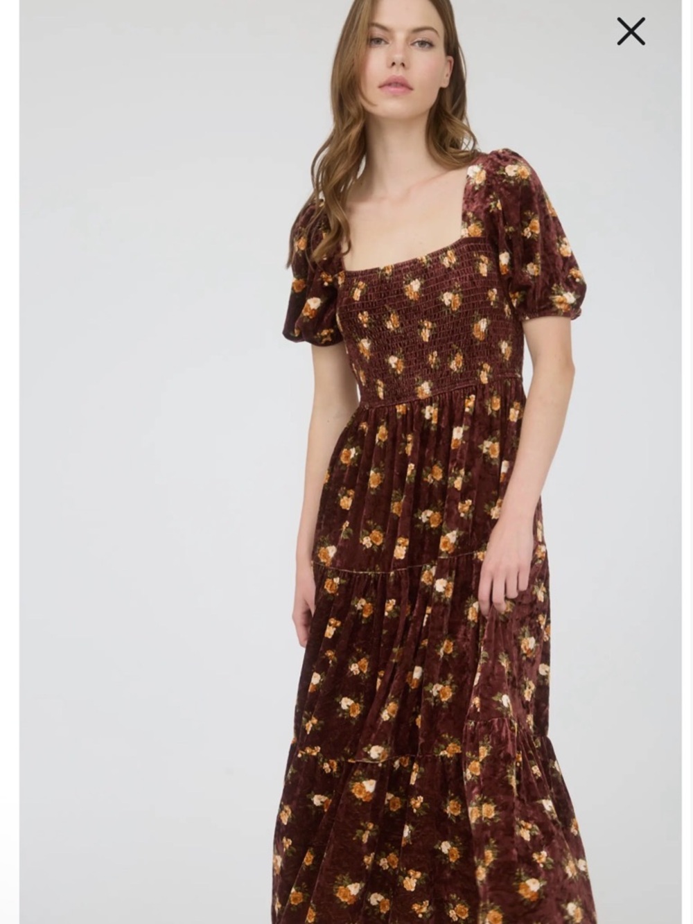 August Sky Floral Velvet Maxi Dress in Burgundy with Smocked Bodice